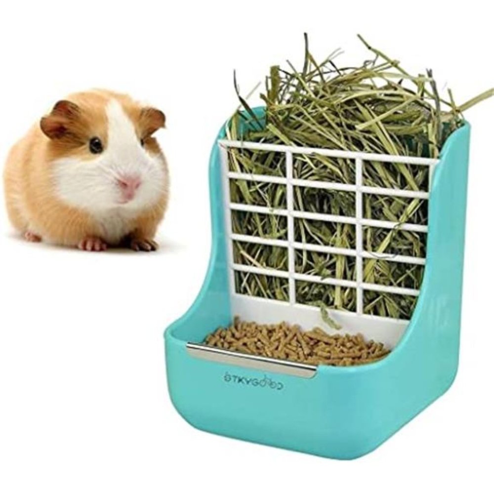Rabbit Feeder Bunny Guinea Pig Hay Feeder, Chinchilla Plastic Food Bow (Blue)